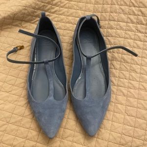 Tory Burch Ashton T Strap Pointed Toe Flat Light Blue Leather Suede 10.